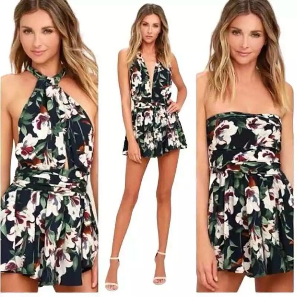 Lulus Elated Energy Navy Blue Floral Tropical Convertible Romper